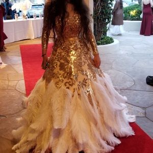 Dramatic Gold Sequin and Feathered Dress